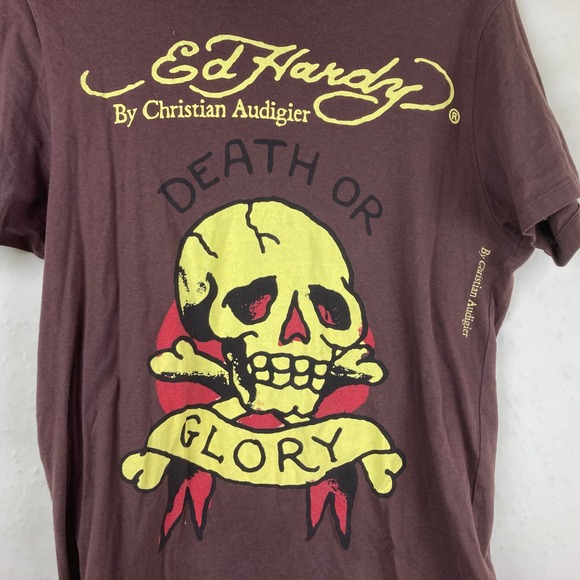 Ed Hardy Mens Y2K T Shirt Sz M Brown Death or Glory Skull Grunge Punk Retro - Picture 3 of 6